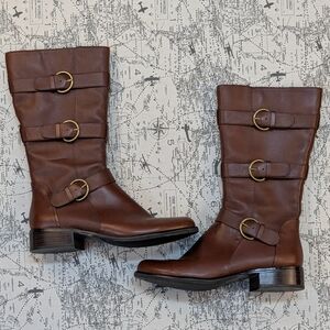 Star Ling Brown Pebbled Leather Triple Buckle Moto Boots – Size 8.5